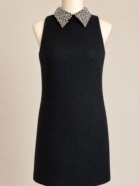 CeCe Embellished Collar Tweed Shift Dress Black Fully Lined Pockets Size Small